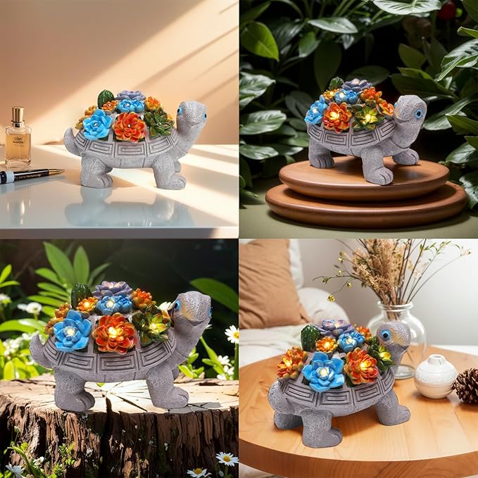 Solar Garden Turtle Statues 7 LED Lights Outdoor Decor Turtle with Succulent Resin Sculpture Patio Porch Balcony Yard Lawn Art Decor Birthday Father's Day Gifts for Women Grandma Housewarming Gifts