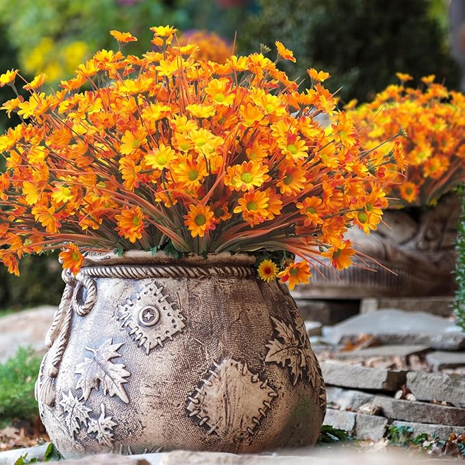 10 Bundles Artificial Flowers Outdoor Fake Fall Flowers for Outside Decoration UV Resistant Plastic Faux Plants for Garden Window Porch Balcony Fall Wedding Thanksgiving Decor