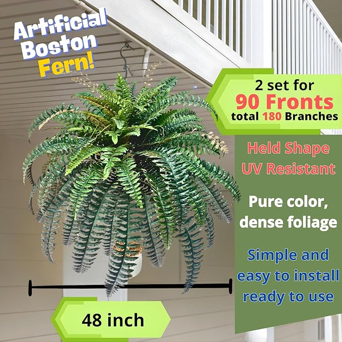 NeosCA 2pack 90 Branches Giant Artificial Boston Ferns for Outdoors Large–UV Resistant Lifelike Faux Fern, Realistic Silk Greenery Plants Large Office, Home Decor,48 Inch Fake Fern Leaf Green.No Base