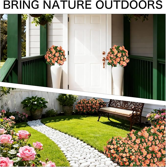 AZXVT Artificial Flowers for Outdoors, Faux Outdoor Plants Fake Plants Topiary Balls Artificial Outdoor Set of 2 with Ground Spike for Home Front Porch Patio Garden Decor (Tangerine)