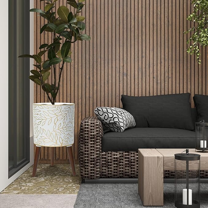 Opnons 12inch Plant Pots with Wood Planter Holder Indoor Flower Pot with Gold Floral Embossed Modern Planters with Drainage Holes for Living Room, Office, Garden or Balcony