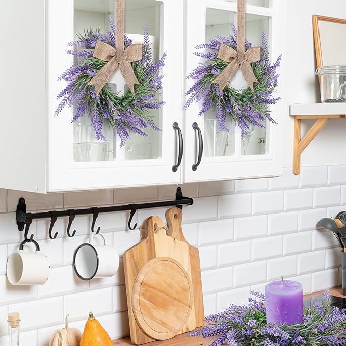 4 Pcs Lavender Candle Rings Wreaths Mini Purple Wreath Table Centerpieces 3 Inch Floral Wedding Ring Wreaths Pillar Lavender Candle Holder for Spring Summer Home Door Party Decoration