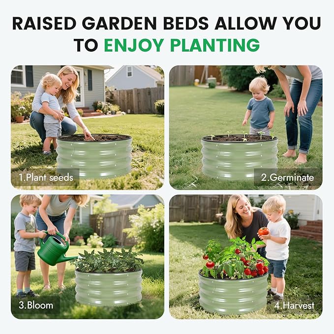 INNO STAG Round Galvanized Raised Garden Bed — 2×2×1ft Planter Box Outdoor Raised Beds Kit for Gardening Vegetables, Fruits, Herbs, and Flowers, Olive Green