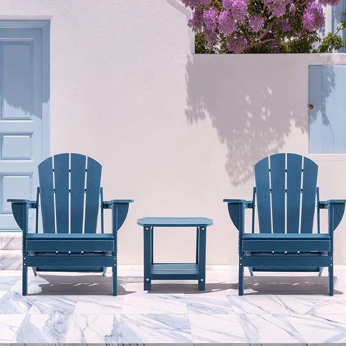 Folding Adirondack Chair Set with Side Table - HDPE Outdoor Patio Chairs, Weatherproof Chair with Reclining Back, Cup & Phone Holder, and 2-Tier Storage End Table for Firepit or Garden (Blue)