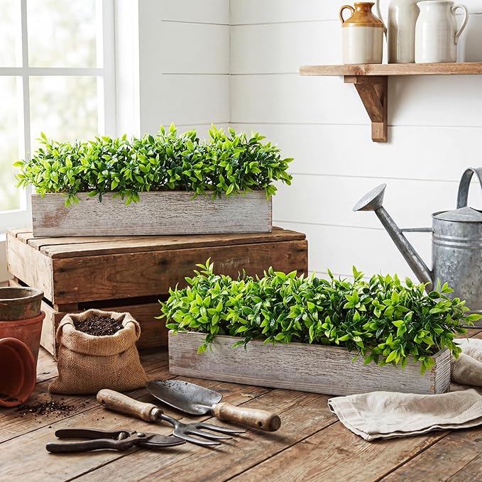 Lyrow 2 Pack Artificial Eucalyptus Plant in Rectangular Rustic Wooden Planter Box Faux Potted Herb Plant Table Centerpiece for Kitchen Windowsill Shelf Decor (White,24 '')