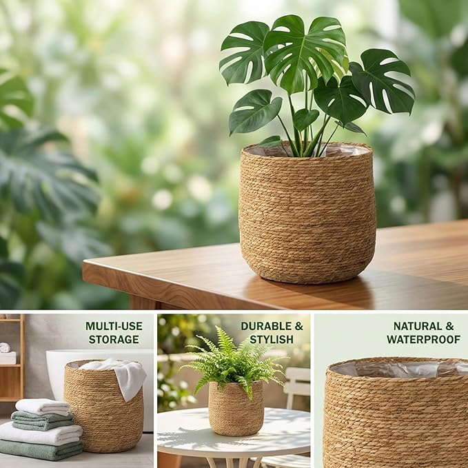 12 Inch Woven Wicker Rattan Planter Basket with Plastic Liner for Indoor Plants and Storage