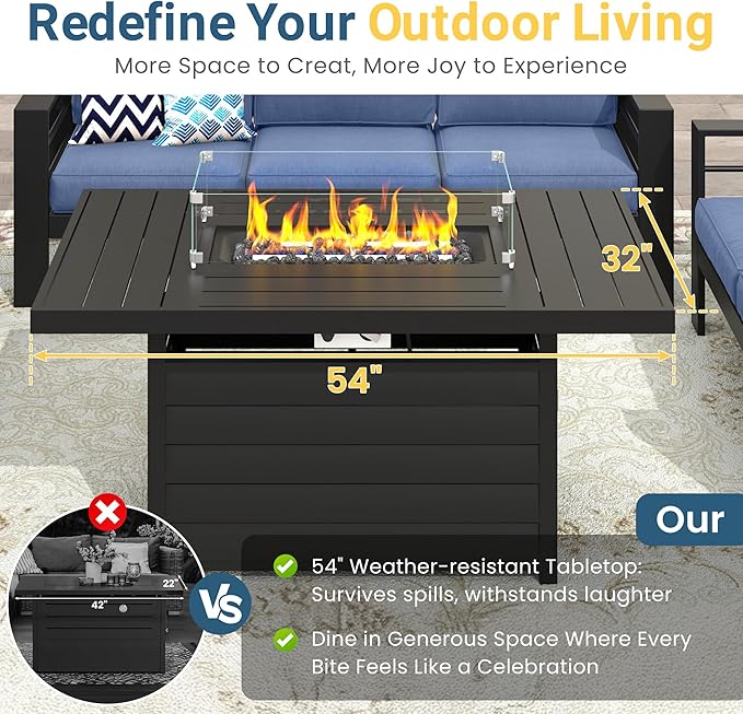 Wisteria Lane Aluminum Patio Furniture Set, 7 Seats Metal Outdoor Furniture Set with CSA Certified 54in Propane Gas Fire Pit Table, Patio Conversation Set with 5in Olefin Cover Cushions (Blue)