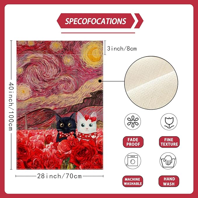Valentine’s Day Starry Sky Inspired Couple Cats Romantic Rose House Flag large 28X40 Inch Big Vertical Double Sided Yard Outdoor Outside Holiday Decoration