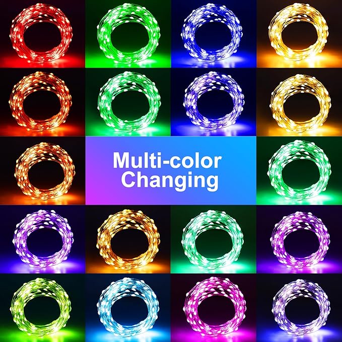 2 Pack Fairy Lights Battery Operated, 66Ft 200 LED RGB Color Changing & 2700K Warm White Twinkle Lights with 150 Scence Modes Silver Wire Mini Light for Bedroom Garden Wedding Decor