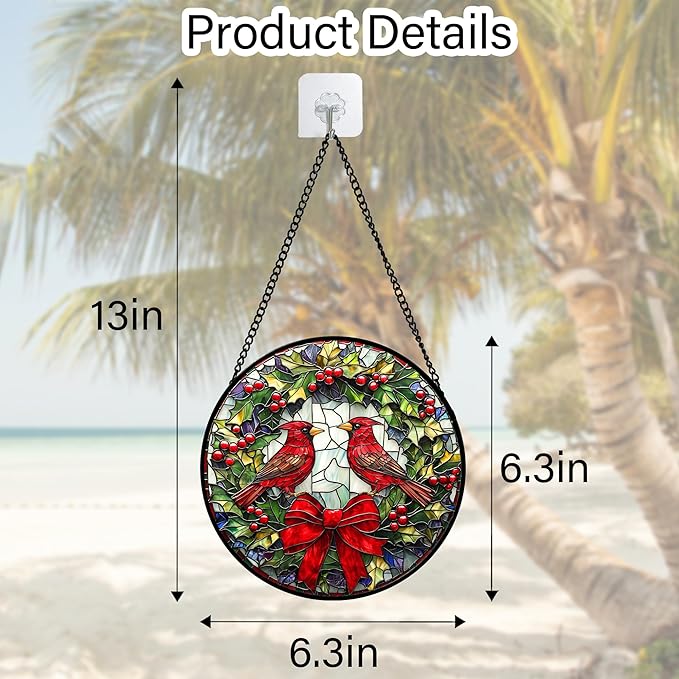 DASTOLL Stained Glass Window Hanging - Cardinals Green Wreath Suncatcher for Doors Home Christmas Decoration Red Bird Sun Catcher Thanksgiving New Year Birthday Gift for Women Men Mom Nana 6.3 in