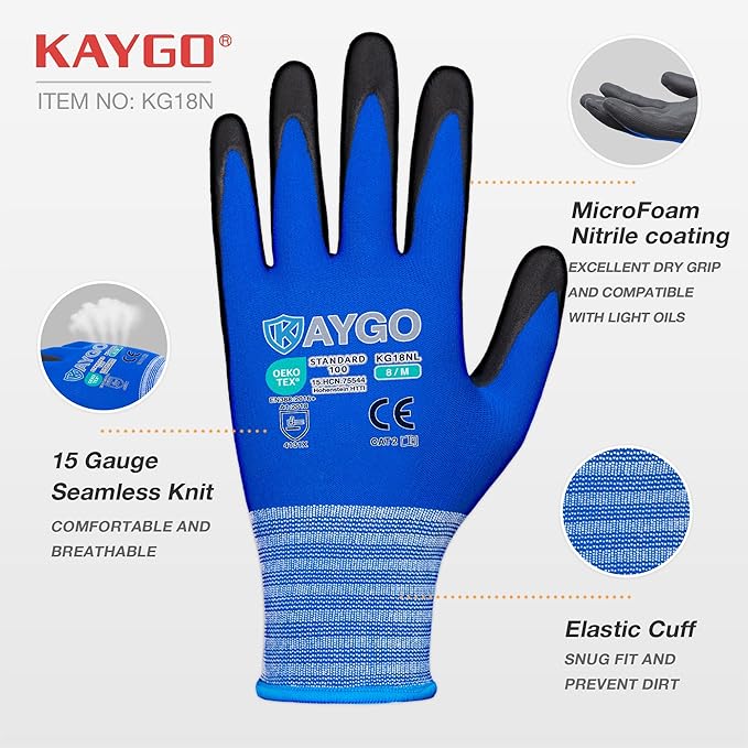 KAYGO Safety Work Gloves MicroFoam Nitrile Coated, 3 Pairs KG18NB,Seamless Knit Nylon Glove with full fingers Touchscreen, Ideal for Automotive,Warehouse,Construction (Large, Blue)
