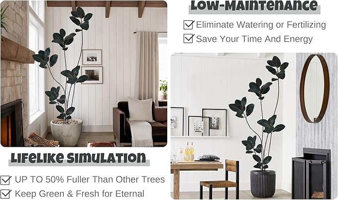 Artificial Rubber Tree 7FT with 40 Glossy Leaves & 6 Heads & Black Pot Cover with Coconut Fiber Realistic Tall Large Faux Tropical Ficus Elastica Plant 84 Inch for Indoor Home Modern Decor