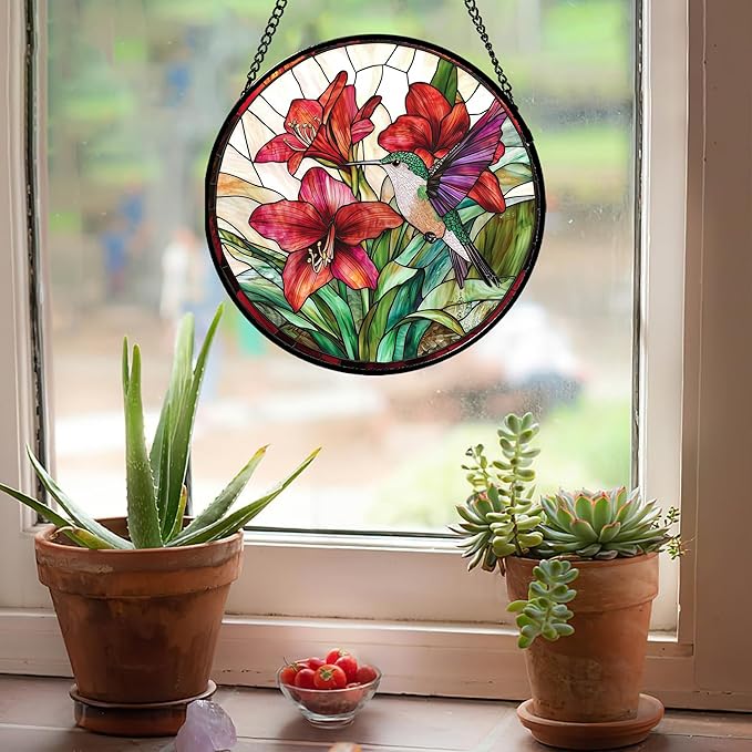 AMDERVEN Stained Glass Window Hanging - Hummingbird On Red Lily Flower Sun Catcher for Door Garden Decor Suncatcher Christmas Mother's Day Birthday Gifts for Bird Lovers Women Men Mom Nana 11.8 in