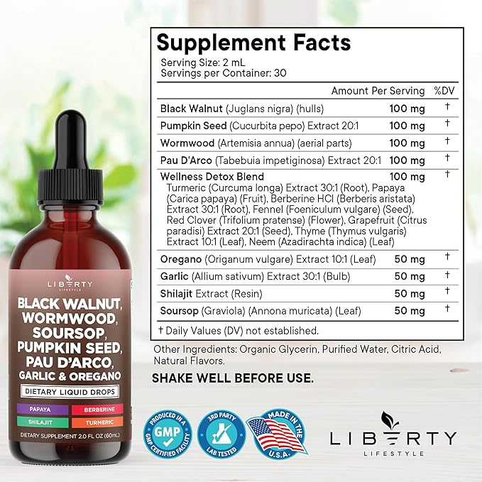 Defend Wormwood Black Walnut Cleanse for Humans Drops Liquid Soursop Garlic Pumpkin Seed PAU D'Arco Oil of Oregano Turmeric Berberine Neem Extract Hull Bark Tincture - 2 OZ