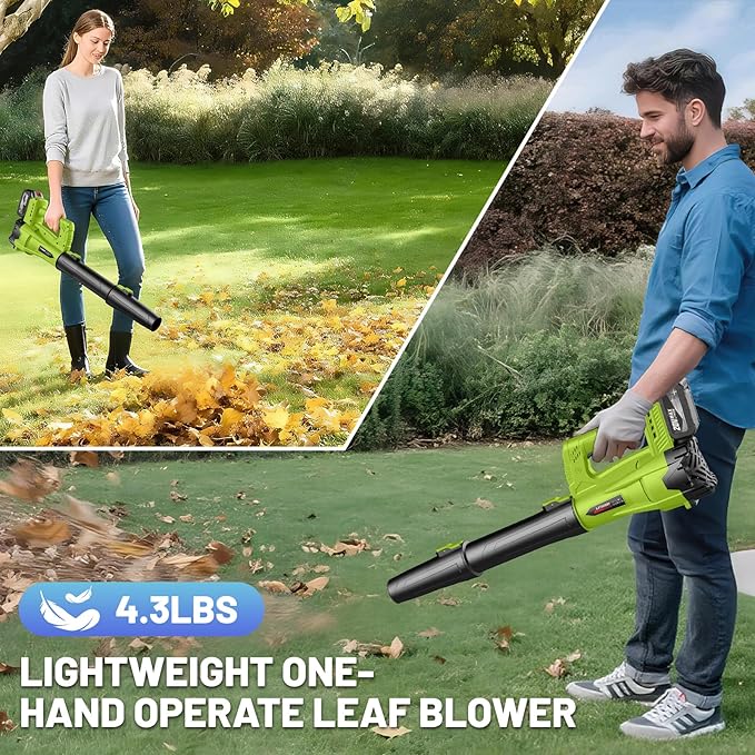 Leaf Blower Cordless with 2 x 4.0 Ah Battery and Charger, 160MPH/580CFM High Power Lightweight Handheld Electric Snow Blower with 2 Extended Tubes for Lawn, Yard, Leaves, Dust, Snow Care (Green)