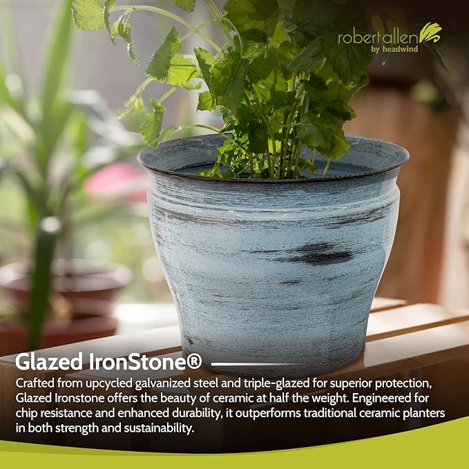 Headwind Glazed Ironstone Vanhorne Collection – 10" Azure Blue Decorative Plant Pot – Lightweight & Triple Coated w/Drainage Flower Pots for Indoor Plants & Outdoor Planter Use by Robert Allen