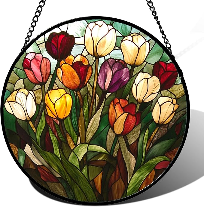 Stained Glass Window Hanging Colorful Tulip 6.3" - Flower Suncatcher Door Garden Sun Catcher Home Plant Decor Birthday Mother's Day for Mom Woman Friend Nana Colleague