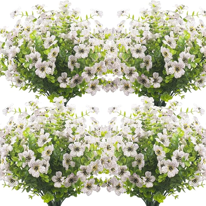 Grunyia 10 Bundles Artificial Flowers Outdoor UV Resistant Fake Flowers No Fade Faux Plants Garden Porch Window Box Decorating (White)