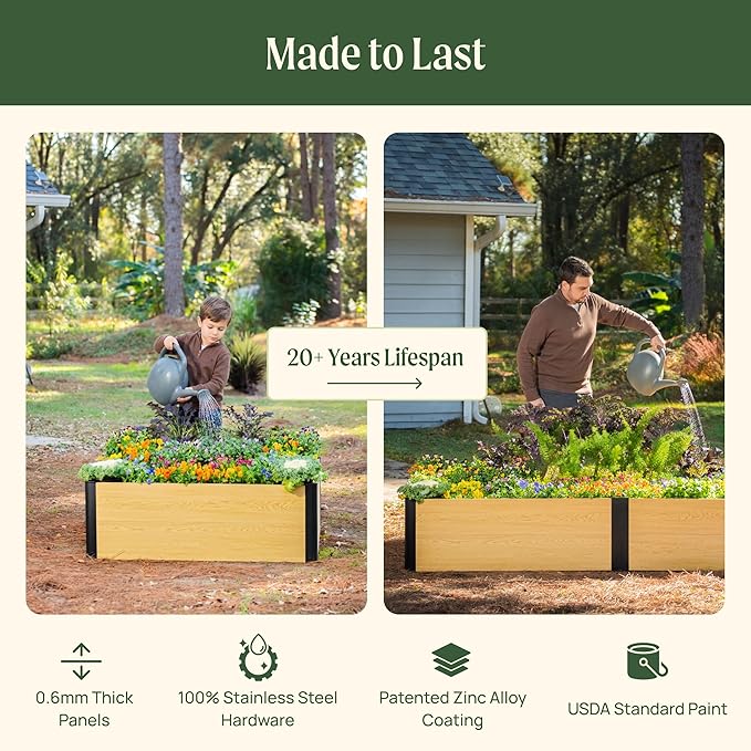 Vego garden Woodgrain Series Raised Garden Bed, 16" Tall Wooden-Look 8' x 8' U-Shaped Metal Planter Box Outdoor for Vegetables, Flowers, Herbs
