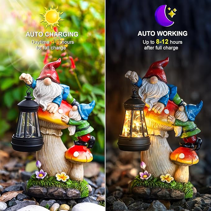 C&Y&G&X Solar Garden Gnome Statue - Waterproof Outdoor Mushroom Decor with Solar Lantern LED Lights for Yard, Lawn, Patio - Ideal Gifts for Mom Grandm