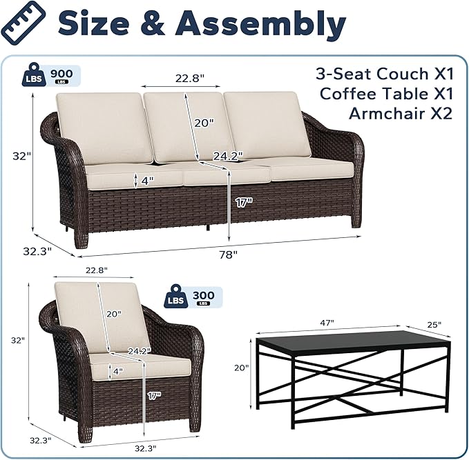 4 Pieces Patio Outdoor Conversation Furniture Set, 78" 3-Seat Couch, 2 Chairs, 47" Metal Coffee Table, Rattan Wicker Sofa with Washable Cushions for Garden, Deck (Beige)