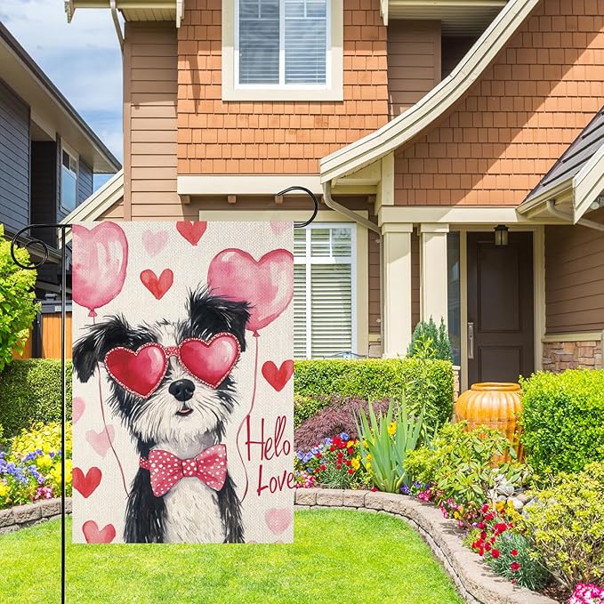 Valentine's Day Border-Coll Hello Love Garden Flag, House Yard Plaid Love Heart Outside Decoration, Spring Holiday Wedding Anniversary Outdoor Small Decor 12x18(12652)