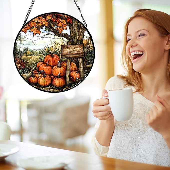 DASTOLL Stained Glass Window Hanging Fall Farm Scenery Maple Trees Pumpkin 9.8" - Suncatcher Door Garden Kitchen Sun Catcher Autumn Decor Birthday for Mom Nana Men Woman Friend