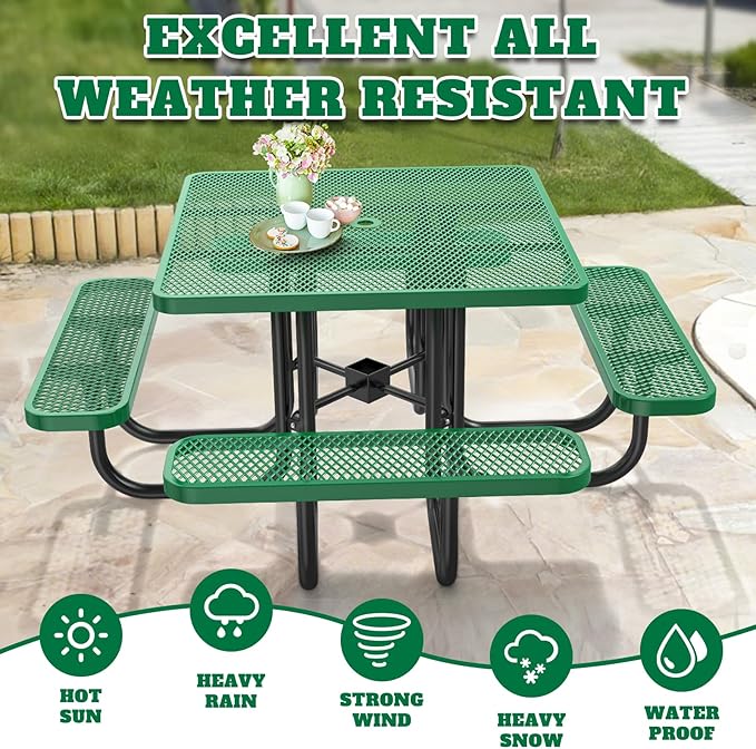 46" Square Top Outdoor Picnic Table Set for Up to 8 Persons, Outside Table Set with 4 Built-in Benches, Metal Commercial-Grade Dining Furniture with Umbrella Hole for Garden, Backyard, Porch, Green