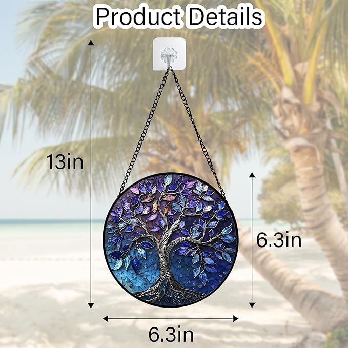 DASTOLL Stained Glass Window Hanging, Blue Purple Tree of Life Sun Catchers Colorful Glass Panel Plants Suncatcher Decor for Birthday for Women,Men,Wife, Lovers, and Mom 6.3 in