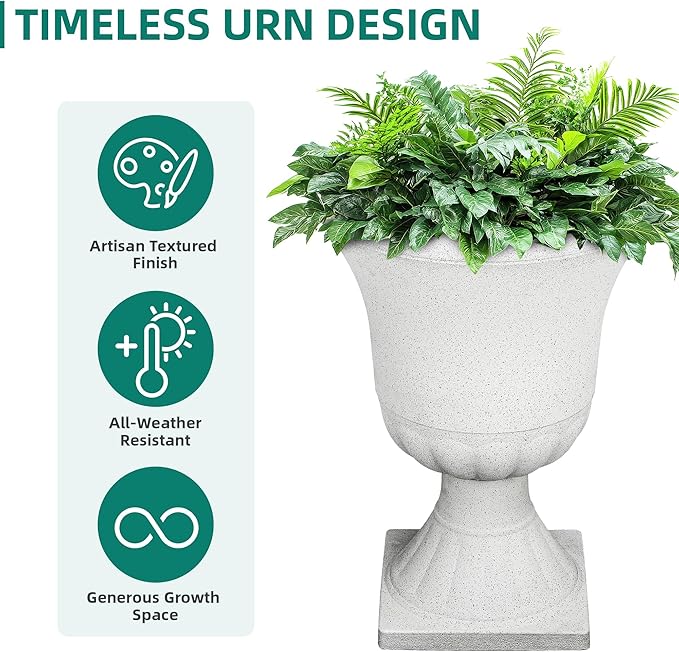Ultym 22" H Urn Tall Planters, 2-Pack Large Flower Pots for Indoor Outdoor Use, Elegant White Terrazzo Weather-Resistant Pot Containers for Garden Patio Yard Balcony Entryway or Home Décor, KD Base