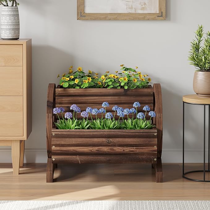 Wooden Wagon Planter Wooden Flower Cart with Wheels Outdoor Garden Planter, Decor Planter for Patio Balcony Decoration Succulent Flower Pot Flower Cart for Indoor Backyard Balcon (Carbonized)
