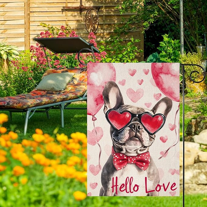 Valentine's Day French Bulldog Hello Love Garden Flag, House Yard Plaid Love Heart Outside Decoration, Spring Holiday Wedding Anniversary Outdoor Small Decor 12x18(12625)