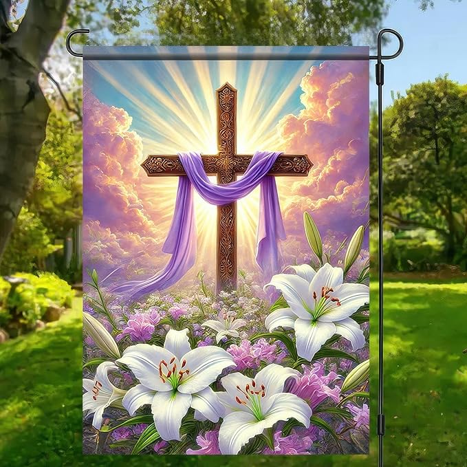Happy Easter Garden Flag 12x18 Inch Double Sided Outside Easter He Is Risen Yard Flag Seasonal Easter Cross Yard Outdoor Decoration Religion Easter Spring Outdoor Outside Decoration