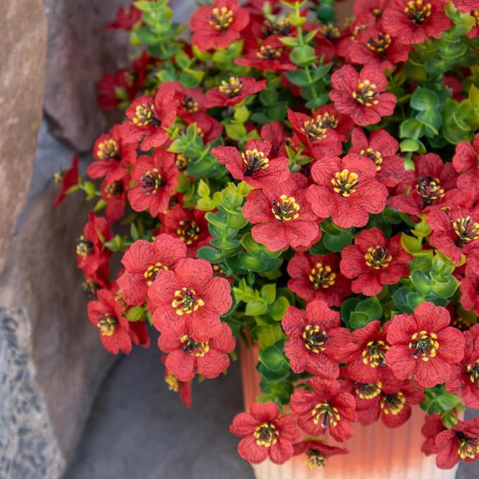 BCBLF Artificial Flowers for Outdoors UV Resistant, 12 Bundles Realistic Silk Flower Faux Fake Plants for Porch Patio Yard Planters, Spring Summer Home Garden Decor, Red