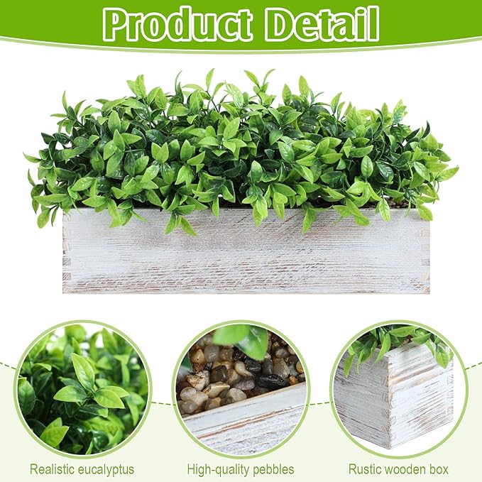 Lyrow 4 Pack Artificial Eucalyptus Plant in Rectangular Rustic Wooden Planter Box Faux Potted Herb Plant Table Centerpiece for Kitchen Windowsill Shelf Decor (White,16 '')