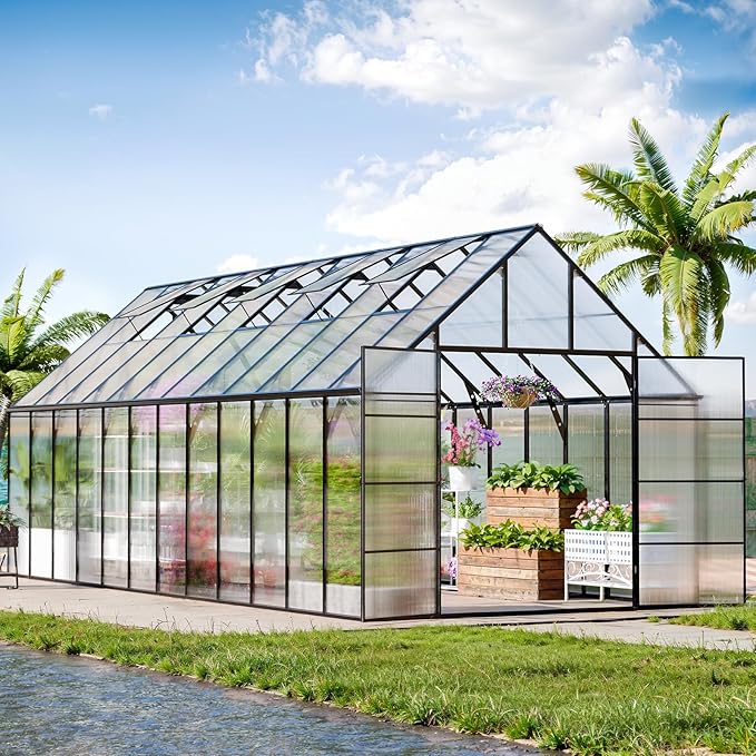 CDCASA 24x10x10 FT Greenhouse for Outdoors, Large Thicker Aluminum Heavy Duty Polycarbonate Greenhouses Kit w/5 Vent Windows, Swing Door, Walk-in Green House for Sunroom Patio,Backyard