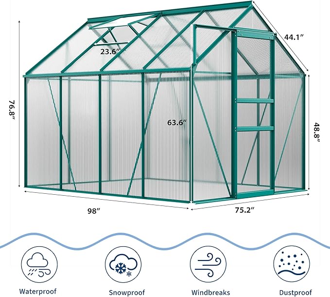 Garvee 6 x 8 FT Outdoor Greenhouse, Polycarbonate Greenhouses with Aluminum Frame, Sliding Door, Adjustable Roof Vent for Backyard, Green Houses for Outside Garden Backyard, Patio, Green
