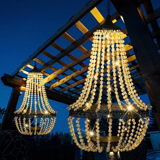 Hanging Solar Lantern Outdoor, 28” Modern Clear Crystal Acrylic Chandelier with 30 Warm White Lights S Hook for Garden, Yard, Patio, Gazebo Decorations