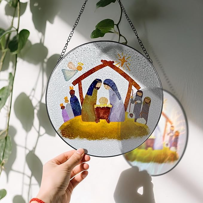 8'' Stained Glass Window Hanging, Nativity Scene Ornament, Christian Ornament, Holy Family Decoration, Religious Holiday Decor, Gift for Christmas, Religious Gifts, Christian Gifts