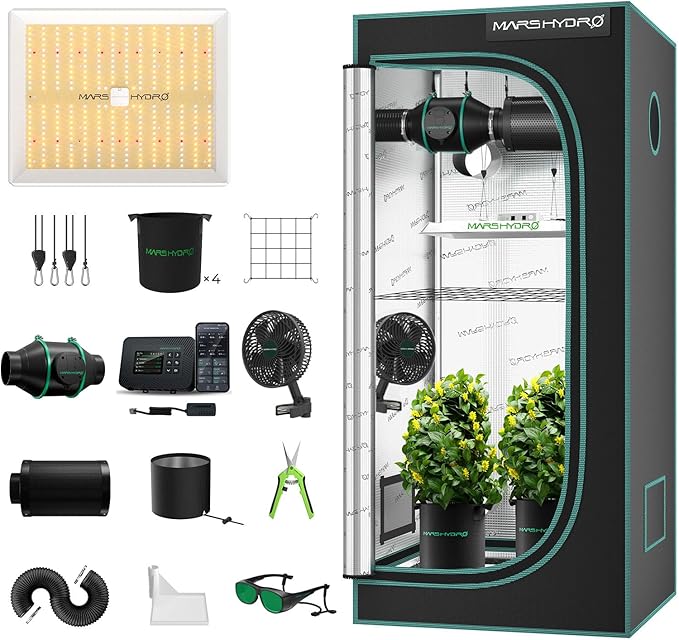 MARS HYDRO 3x3 Smart Grow Tent Kit with WiFi-Integrated Controller 43,150W TS1000 LED Programmable&Dimmable Grow Light,32"x32"x63" 1680D High Reflective Mylar,4 inch Automatic Ventilation kit