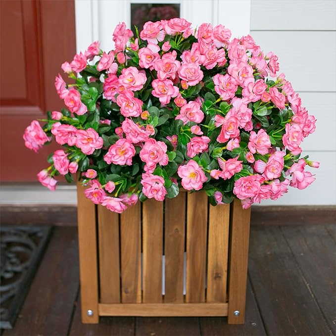 Artificial Faux Flowers Plants for Outdoor Outside Spring Decoration, Fake Silk Pink Camellia UV Resistant Realistic for Planter Pot Porch Patio Balcony Garden Yard Home Decor, 3 Large Bundles
