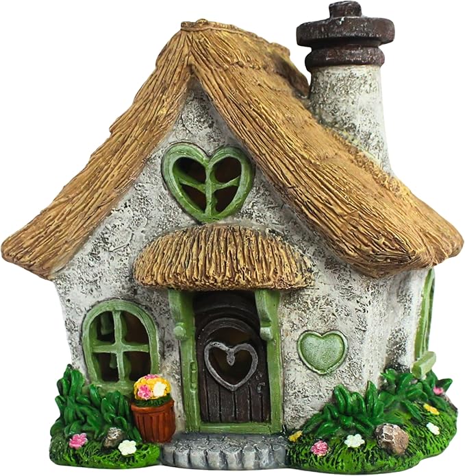 PRETMANNS Fairy House for Outside with Solar Powered LED Lights for Garden - Fairy Garden Houses for Outdoor - Miniature Accessories for Cottage Decor for Village - 7.56” High, Green