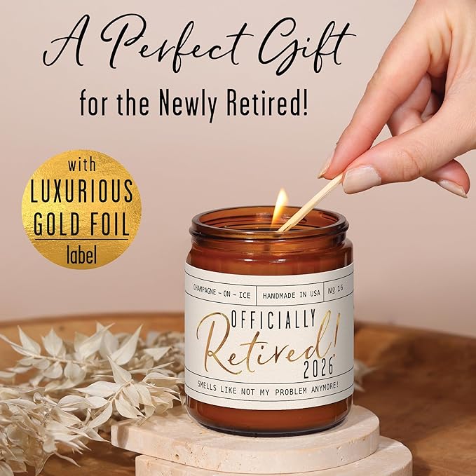 Retirement Gift for Woman - 'Officially Retired 2026' Candle, w/Champagne on Ice I Happy Retirement Gifts for Women 2025 I Retired Gifts for Women I 50Hr Burn, Made in USA