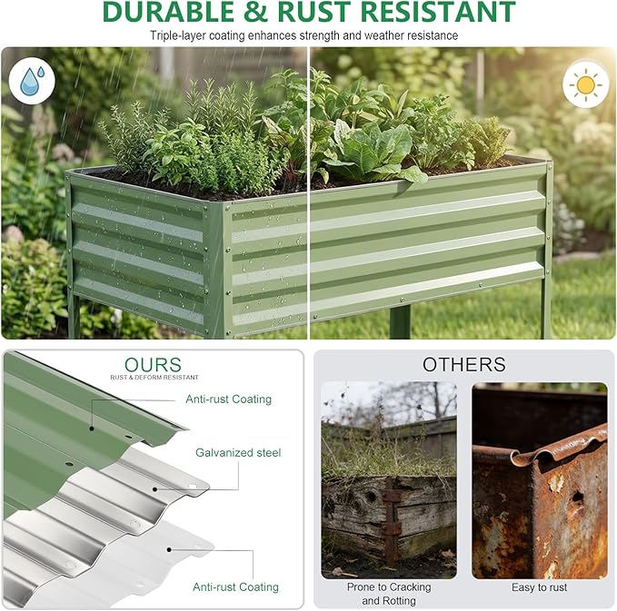 Elevated Raised Garden Bed with Legs, 48x24x32in Galvanized Planter Box Outdoor with Storage Rack & Drainage Holes, Large Metal Raised Beds for Gardening, Backyard, Patio, Balcony, Olive Green