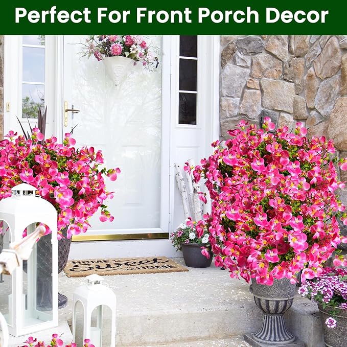 Artificial Flowers for Outdoor, Realistic Faux Plants for Outside Indoor Porch Patio Window Box Planter Home Decor (Rose red-12)