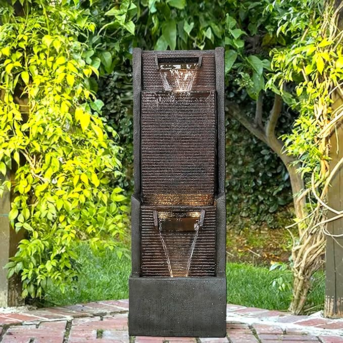 Modern Outdoor Garden Waterfalls Fountains and Indoor Floor Water Fountain with LED Lights Fountain Outdoor Garden for Office,House, Patio, Backyard, and Home Art Decor Dark Brown