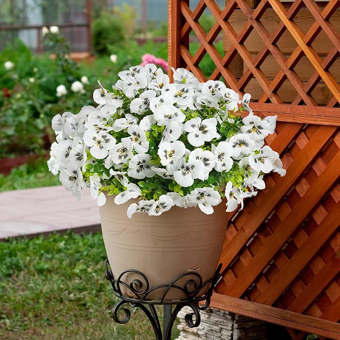 SupBri 12 Bundles Artificial Flowers for Outdoor, UV Resistant Fake Pansy Flowers, Silk Faux Fowers for Outdoor Planters Home Garden Office Patio Front (12, White)