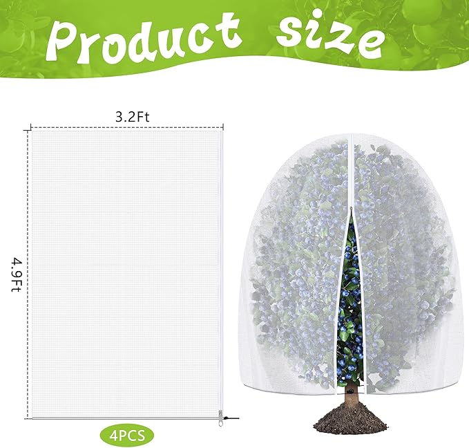 4 Pcs Fruit Tree Netting with Zipper & Drawstring, 4.9 x 3.2 Ft Garden Bird Netting Plant Cover, Blueberry Tomato Insect Bird Barrier Tree Net Protection Cover for Protecting Plants Vegetables Fruits