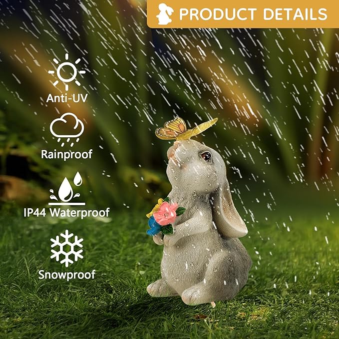 Garden Statue Outdoor Decor, Rabbit Figurines with Solar Butterfly Changing Color LED Lights, Bunny Ornament for Patio Backyard Lawn, Birthday Housewarming Gift for Women Mom Grandma