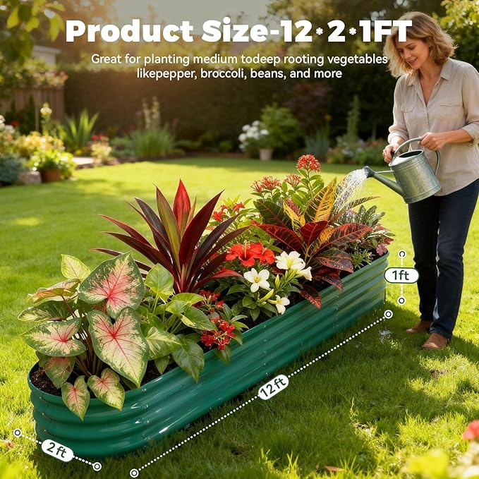 Galvanized Raised Garden Beds for Outdoor,12x2x1ft Metal Planter Box Kit for Vegetables, Flowers, Herbs, Large Elevated Gardening Bed with High Yield, Rust-Resistant Steel Panels, Easy Assembly